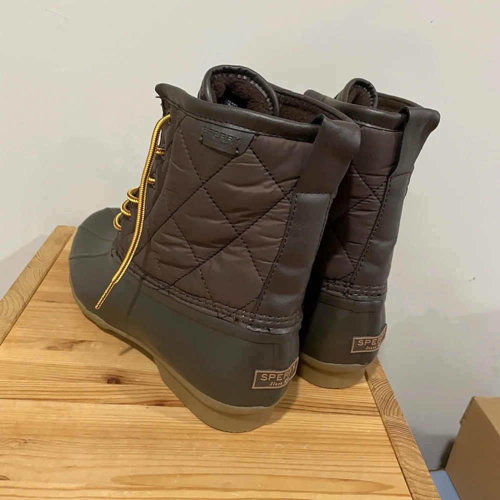 Sperry Brown Saltwater Duck Nylon Quilted Insulated Rain Boots Men Size 10.5